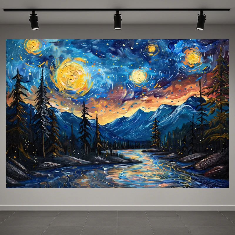 پوستر پارچه ای طرح مخمل جنگل مهتابی مدل شب پرستاره ونگوگ کد AR3060492