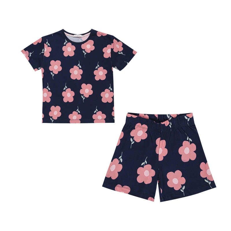 ست تی‌شرت آستین کوتاه و شلوارک راحتی دخترانه فیورلا مدل گل 35626