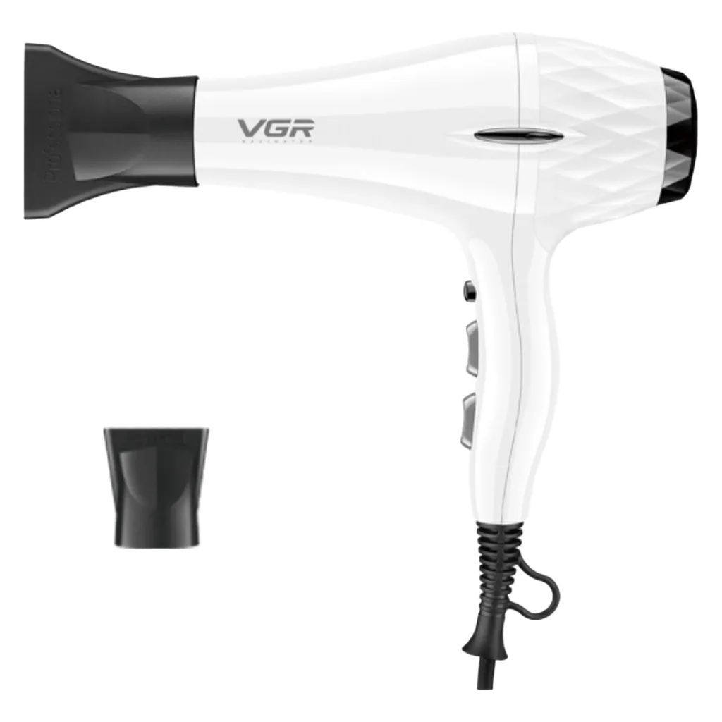 سشوار حرفه‌ای 2200 وات وی جی ار مدل V-413، موتور AC، وزن 802 گرم، المنت سرامیک تورمالین، دارای سری متمرکز‌کننده باریک، متمرکز‌کننده پهن با ویژگی صاف‌کنندگی، حجم‌دهندگی، با قابلیت باد سرد