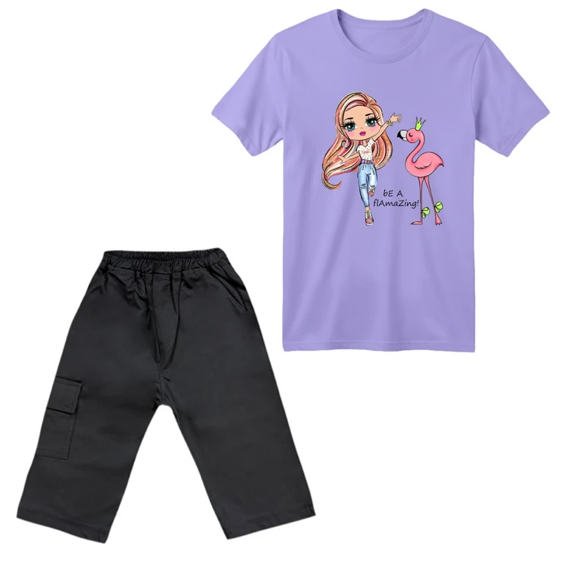 ست تی‌شرت آستین کوتاه و شلوارک دخترانه مدل دختر و فلامینگو
