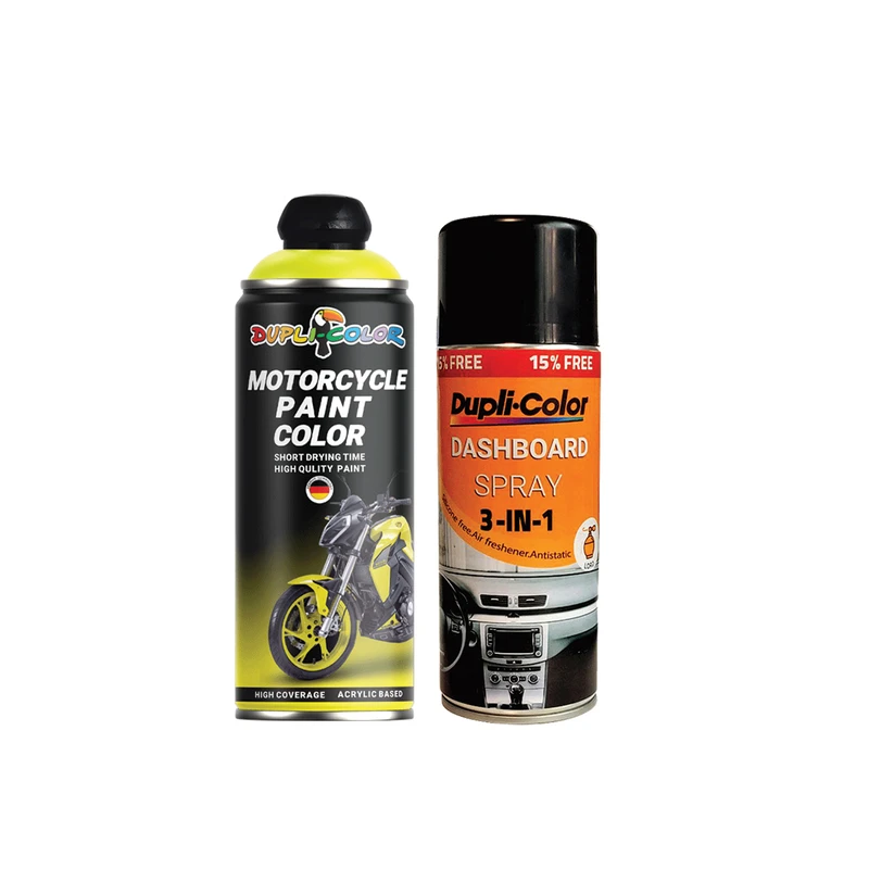 اسپری پولیش و خوشبو کننده داشبورد رایحه لورد و اسپری رنگ موتور سیکلت زرد فلورسنت دوپلی کالر مدل شب تاب حجم 400 میلی لیتر مجموعه 2 عددی