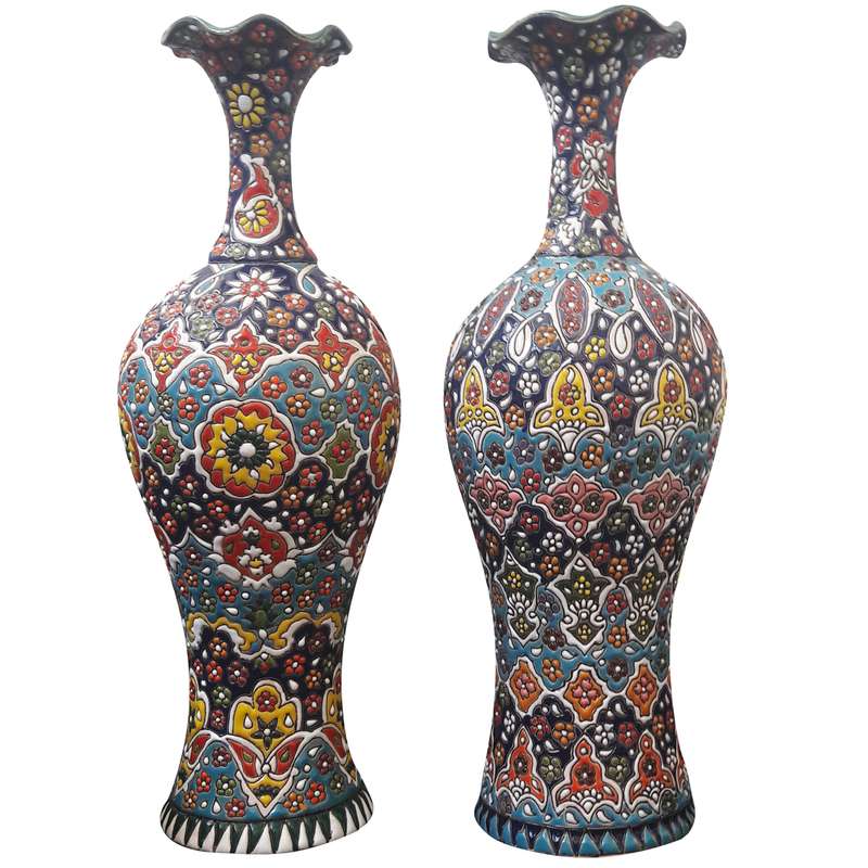 گلدان میناکاری سفالی طرح گل اندام مدل لبچین کد GL2 مجموعه 2 عددی