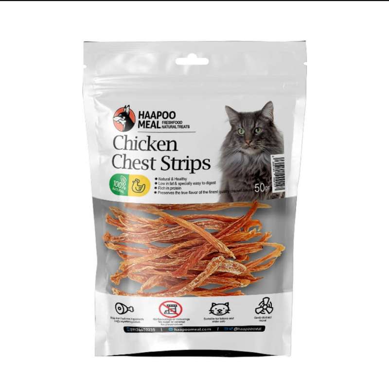 تشویقی گربه هاپومیل مدل استریپ سینه مرغ وزن 50 گرم