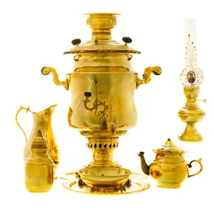 سرویس سماور ذغالی 7 پارچه برنجی مدل سوزنی ساده کد 4167