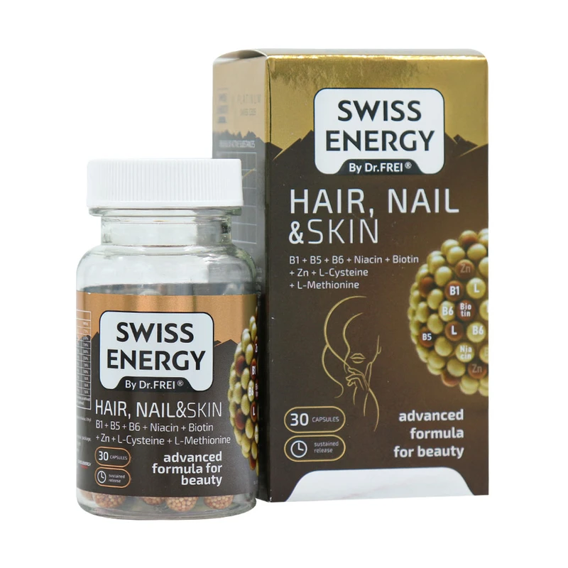مکمل کپسولی تقویت مو، ناخن و ترمیم پوست سوییس انرژی Swiss Energy بسته 30 عددی حاوی ویتامین A، B، C، E، کلسیم و روی برای حفظ سلامت سلول‌های پوست و افزایش استحکام مو و ناخن