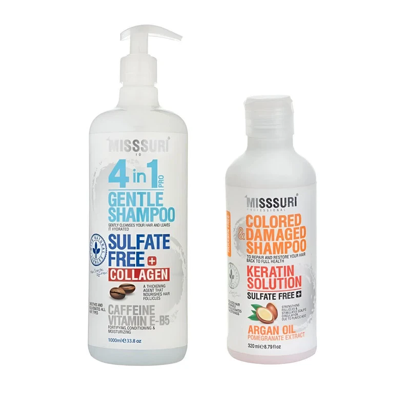 شامپو تقویت کننده مو میسوری مدل collagen مناسب برای موهای معمولی حجم 1000 میلی لیتر به همراه شامپو مو میسوری مدل COLORED DAMAGED مناسب برای موهای خشک حجم 320 میلی لیتر