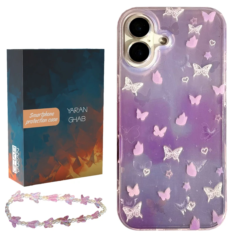 کاور قاب یاران مدل Holo butterfly مناسب برای گوشی موبایل اپل iPhone 16 به همراه بنداویز