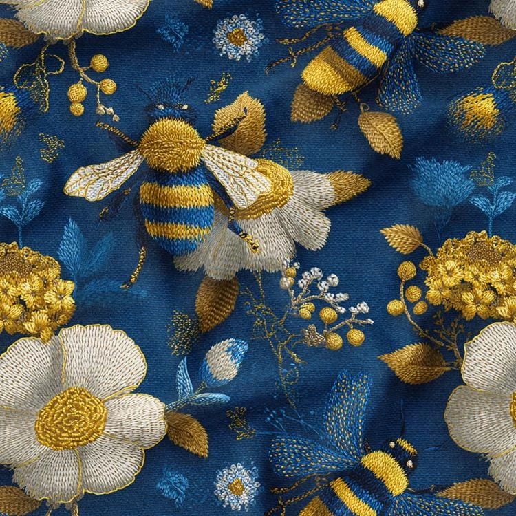 پارچه ملحفه عرض 1.5 متر پارچه باما طرح پنج بعدی رقص زنبورها کد 5014008 رنگ سرمه‌ای