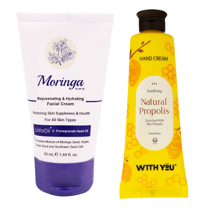 کرم آبرسان مورینگا امو مدل Rejuvenating حجم 50 میلی لیتر به همراه کرم مرطوب کننده ویت یو مدل Natrual Propolis حجم 50 میلی لیتر