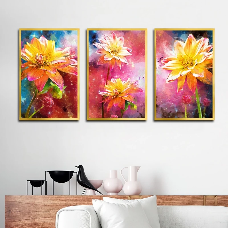 تابلو بکلیت طرح نقاشی گل رنگی مدل شاین اکلیلی T-2441 مجموعه 3 عددی