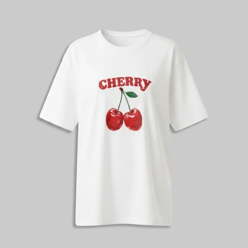 تی شرت زنانه آستین کوتاه الیاف نخی طرح میوه‌ای مدل Cherry