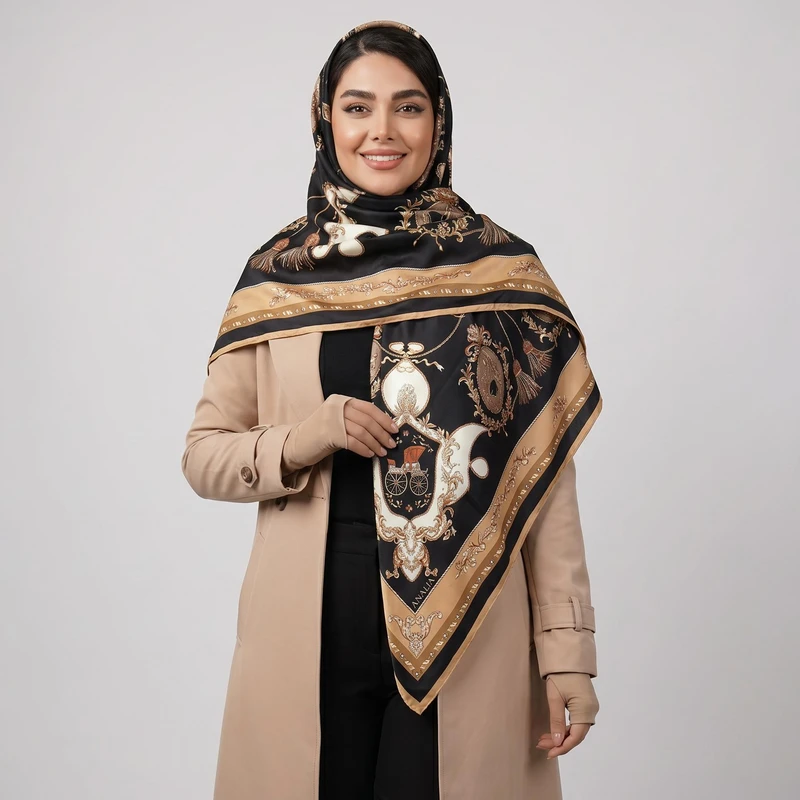 روسری زنانه آنالیا مدل ابریشم توییل دور دست دوز طرح کالسکه کد 9800