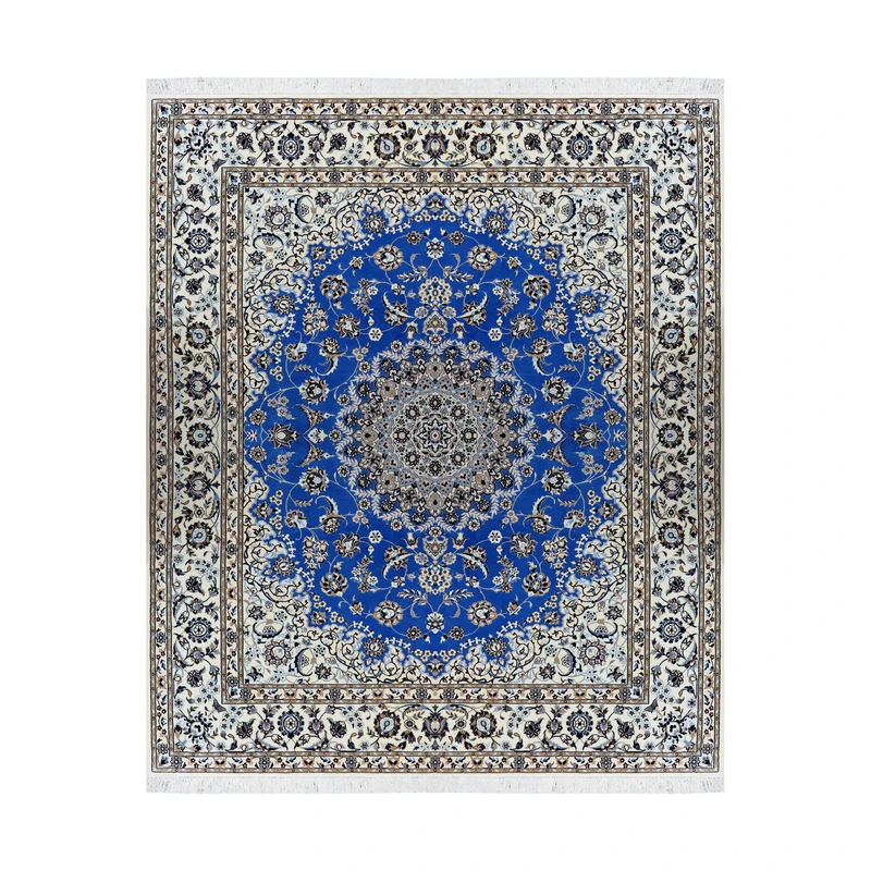 فرش دستبافت ۵.۵ متری مدل لچک و ترنج نایین ۶لا کد 915 زمینه آبی