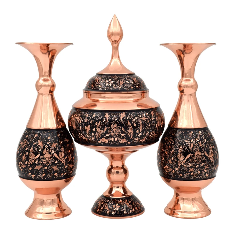 ست سه تکه گلدان و شکلات خوری مدل الماس تراش طرح گل و مرغ کد 25-3