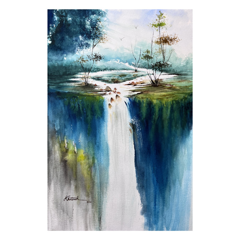 نقاشی آبرنگ طرح آبشار رویایی