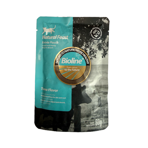 پوچ گربه بالغ بایولاین مدل Tuna Flavor طعم ماهی تن وزن ۶۰ گرم