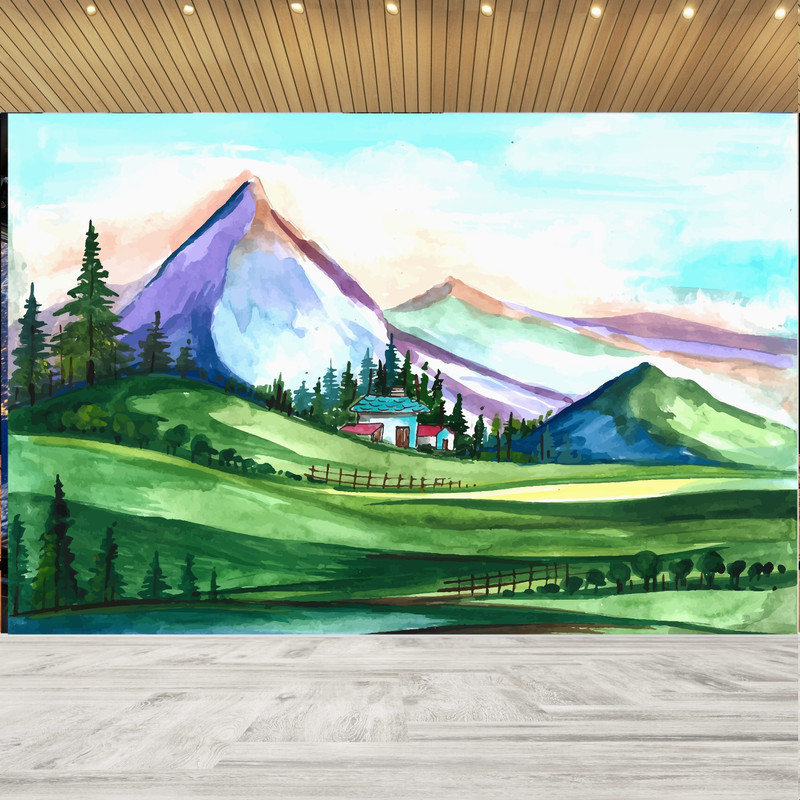 کاغذ دیواری طرح نقاشی طبیعت زیبا مدل کلبه کوهستانی کد v63