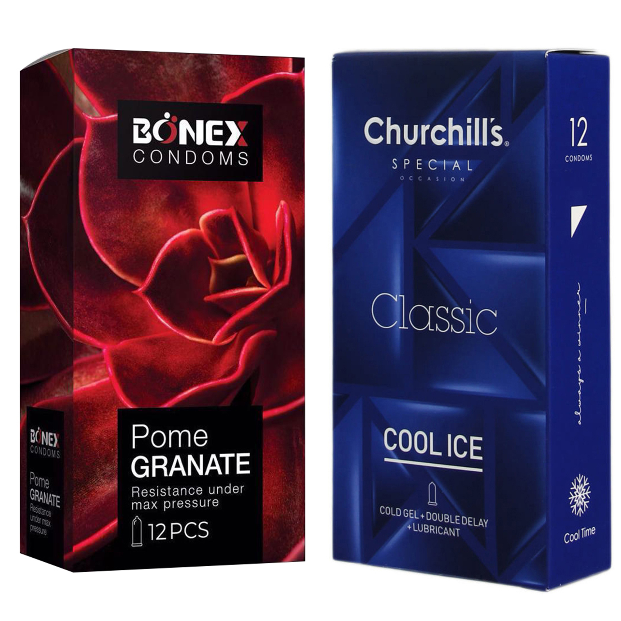 کاندوم چرچیلز مدل Cool Ice بسته 12 عددی به همراه کاندوم بونکس مدل Pome Granate بسته 12 عددی 