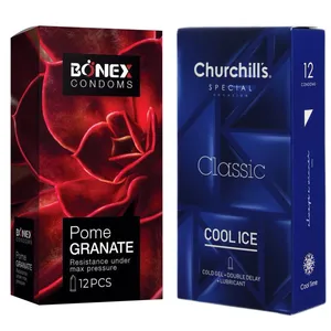 کاندوم چرچیلز مدل Cool Ice بسته 12 عددی به همراه کاندوم بونکس مدل Pome Granate بسته 12 عددی 