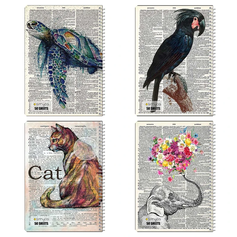 دفتر نقاشي 50 برگ کارنيکا طرح روزنامه وینتج حیوانات Vintage Newspaper Animals کد 18065 مجموعه 4 عددی