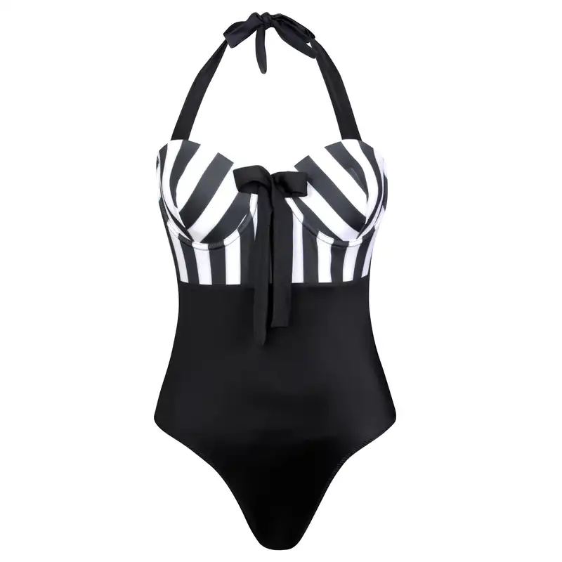 مایو زنانه فیتن مدل راه‌راه فنردار کد 4681-288 رنگ مشکی