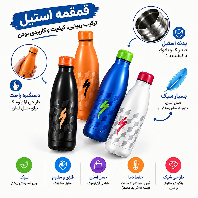 قمقمه ورزشی مدل bowlingia با حجم 750 میلی‌لیتر و بدنه استیل ضدزنگ و درب استیل