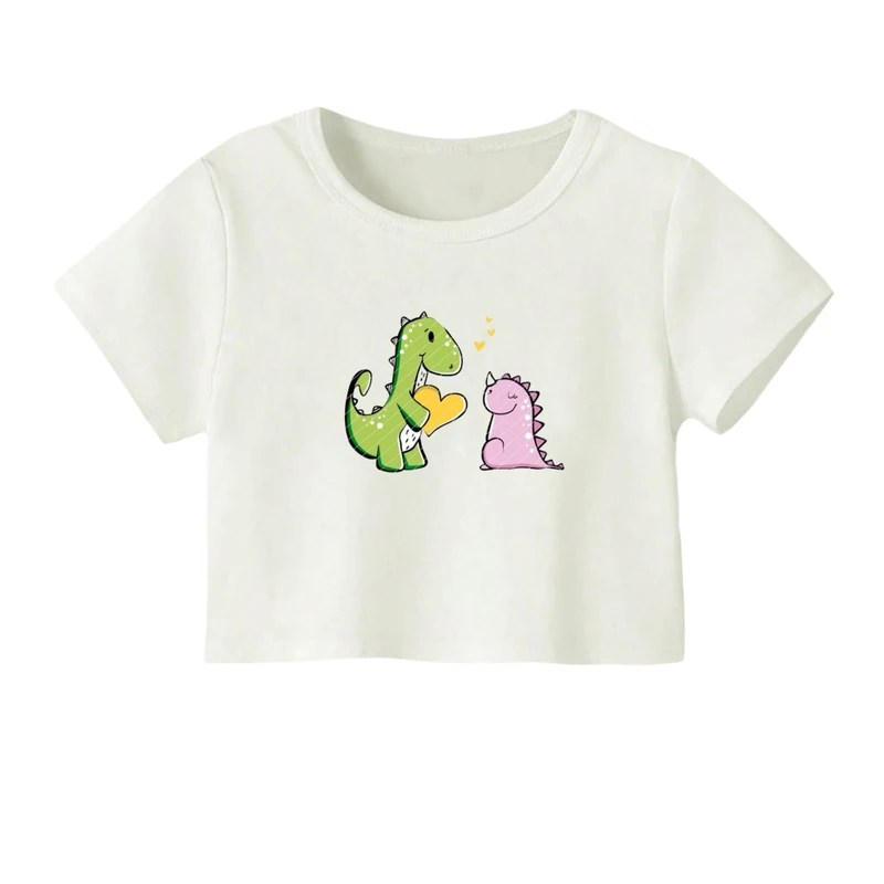 کراپ‌ تی‌شرت آستین کوتاه زنانه مدل دایناسور کارتونی
