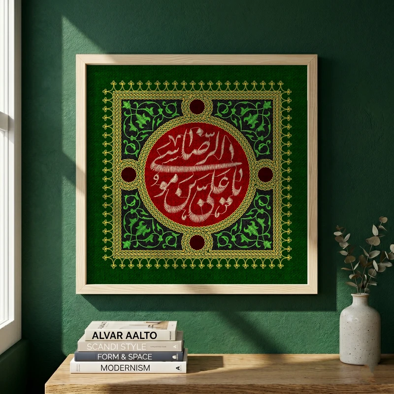 تابلو طرح پرچم دوزی نام امام حسین (ع) مدل G15347 فریم کرم روشن
