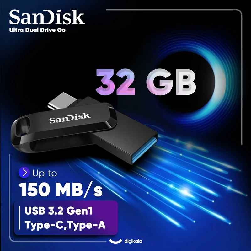 عکس شماره 3 : فلش مموری سن دیسک مدل ultra dual drive go ظرفیت 32 گیگابایت با دو رابط usb 3.2 و usb-c، سرعت خواندن 150 مگابایت بر ثانیه، بدنه فلزی، سازگار با گوشی، تبلت، کامپیوتر و مک