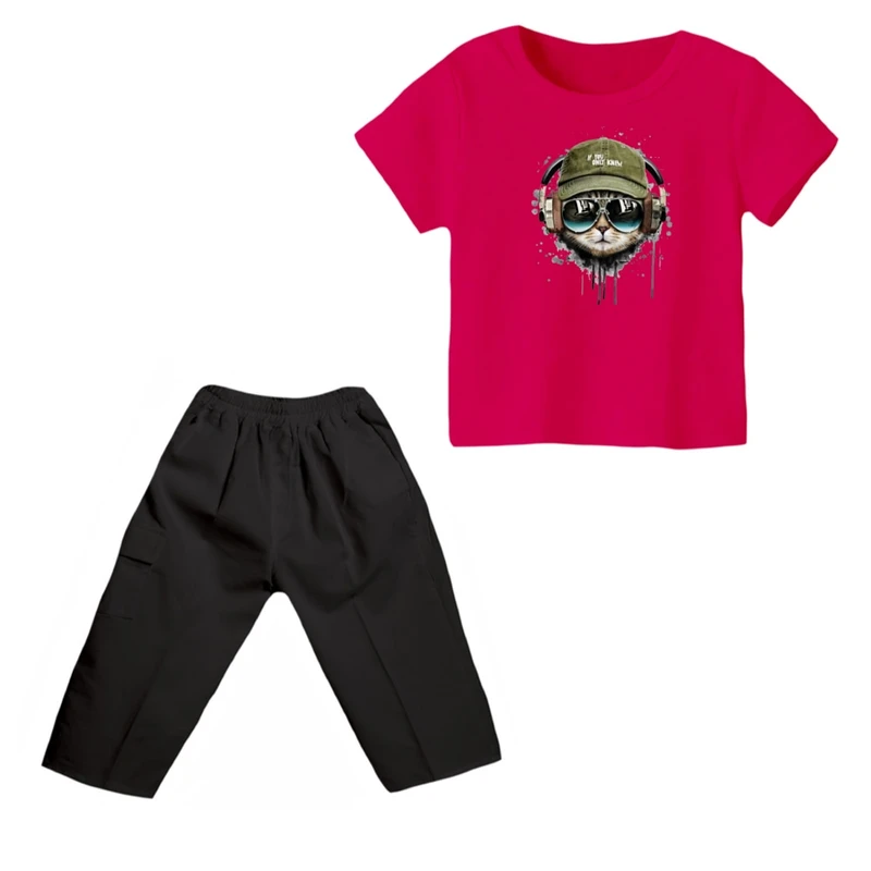 ست تی شرت و شلوارک پسرانه مدل گربه کد 11