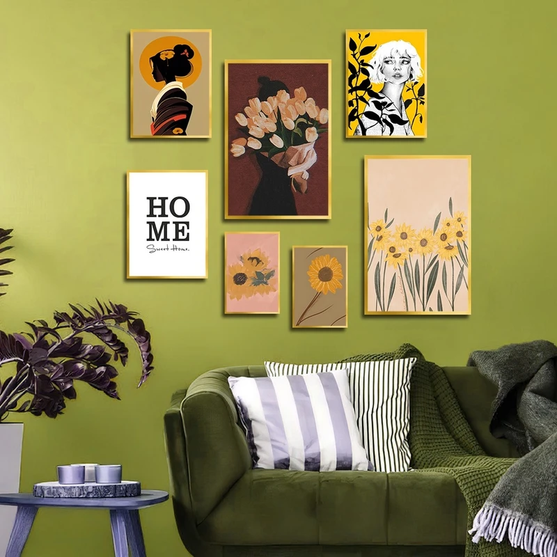 تابلو بکلیت طرح نقاشی گل آفتابگردان مدل شاین اکلیلی T-2290 فریم طلایی مجموعه 7 عددی