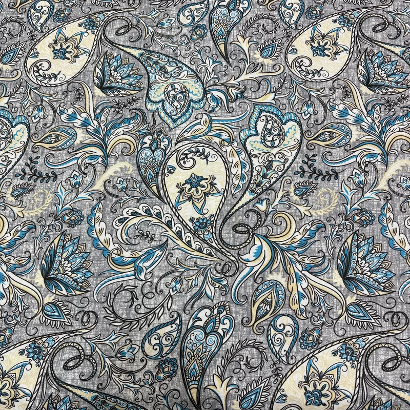 پارچه ملحفه عرض 2 متر مدل والا طرح بته جقه رنگ آبی - طوسی