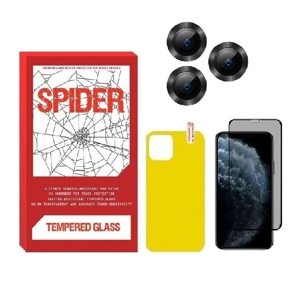 محافظ صفحه نمایش حریم شخصی اسپایدر مدل PSP مناسب برای گوشی موبایل اپل iPhone 14 pro به همراه محافظ پشت گوشی و محافظ لنز دوربین