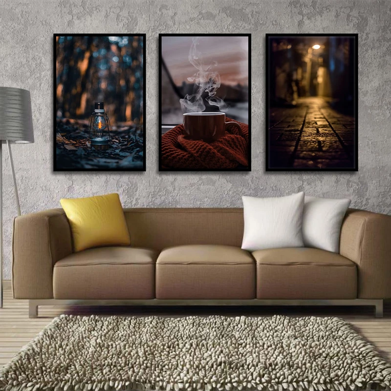 تابلو بکلیت طرح مدرن منظره شهر و فنجان و فانوس مدل B-1803 مجموعه 3 عددی