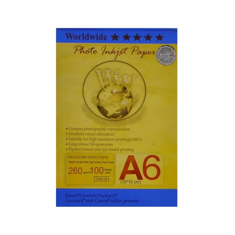 کاغذ عکس ورلدواید مدل Glossy سایز A6 بسته 100 عددی