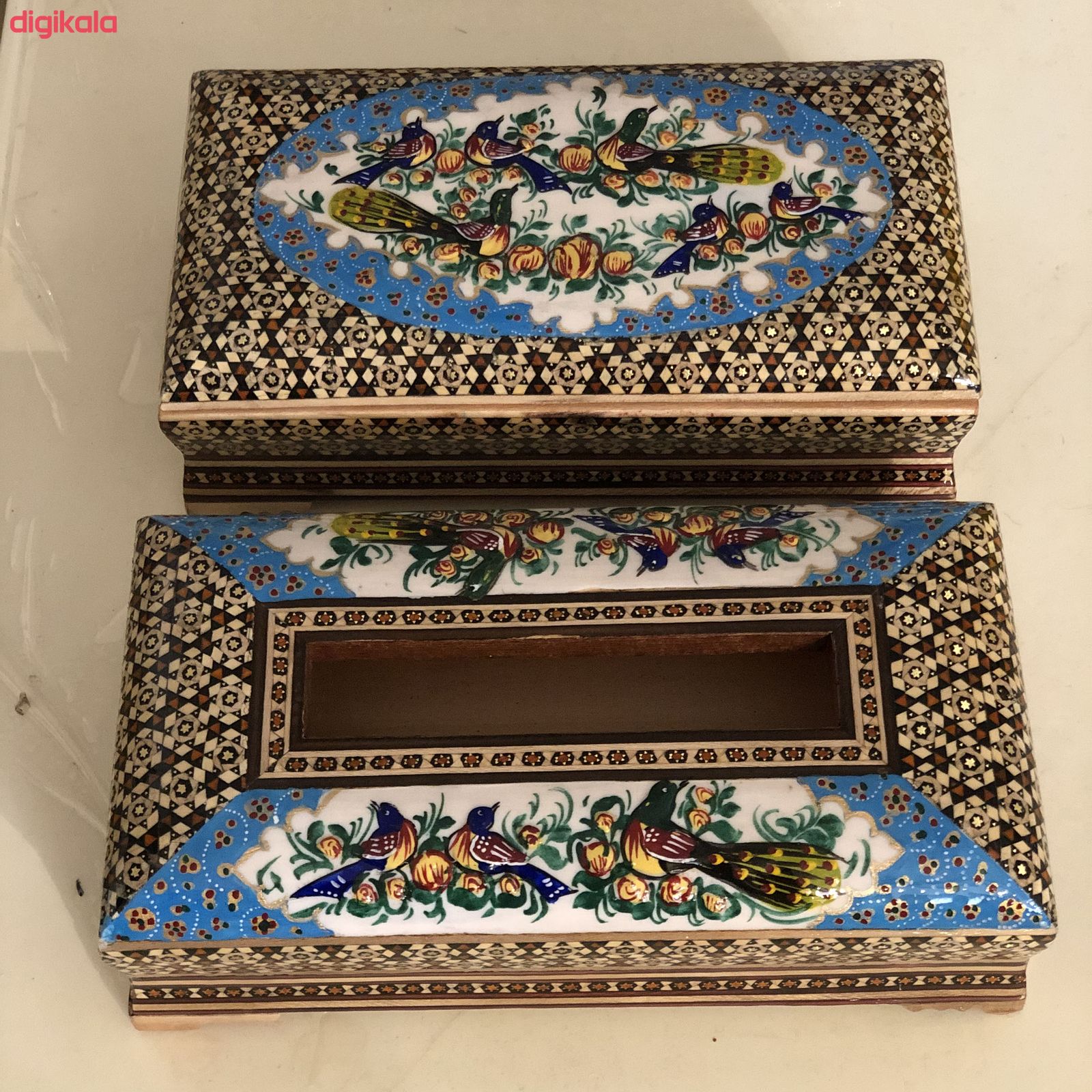 ست جعبه دستمال کاغذی و جعبه کارد و چنگال خاتم کاری مدل گل و مرغ کد 102 main 1 3
