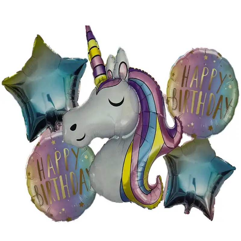 بادکنک فویلی طرح تک شاخ رنگی  مجموعه 5 عددی