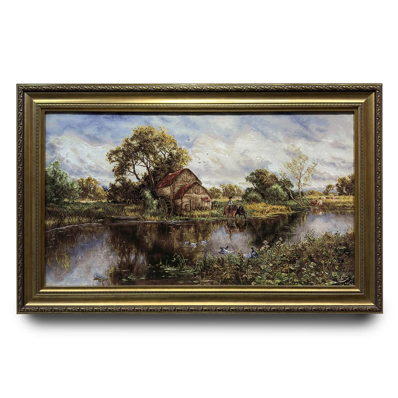 تابلو فرش دستباف طرح منظره دریاچه و کلبه کد 90