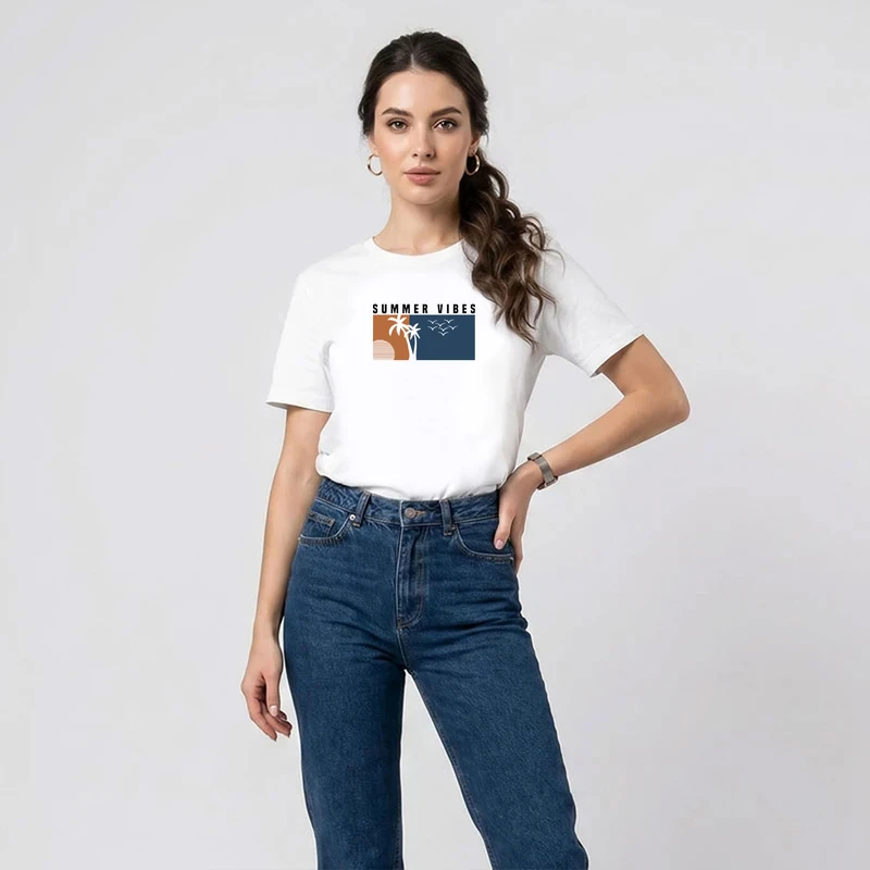 تی شرت آستین کوتاه زنانه تابستانی طرح Summer Vibe کد WH.1069