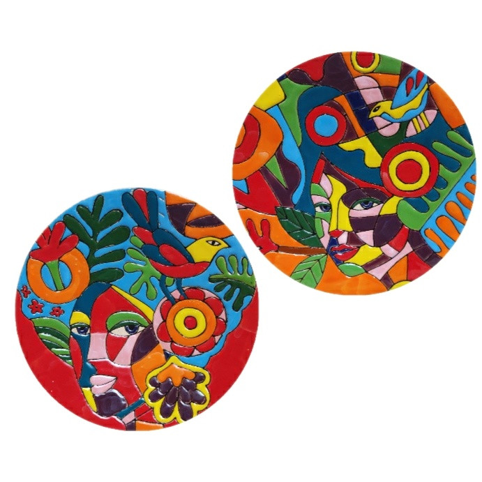 بشقاب دیوارکوب سفالی مدل کوبیسم زیبا کد eh55 مجموعه سه عددی