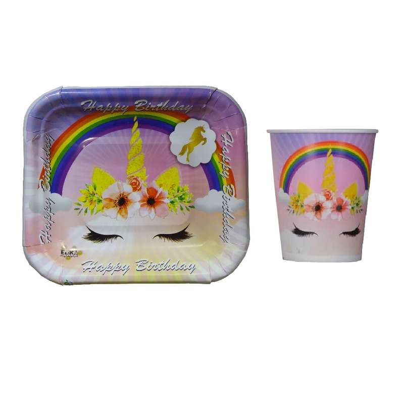 پیش دستی و لیوان یکبار مصرف الیکا طرح اسب تک شاخ بسته 40 عددی