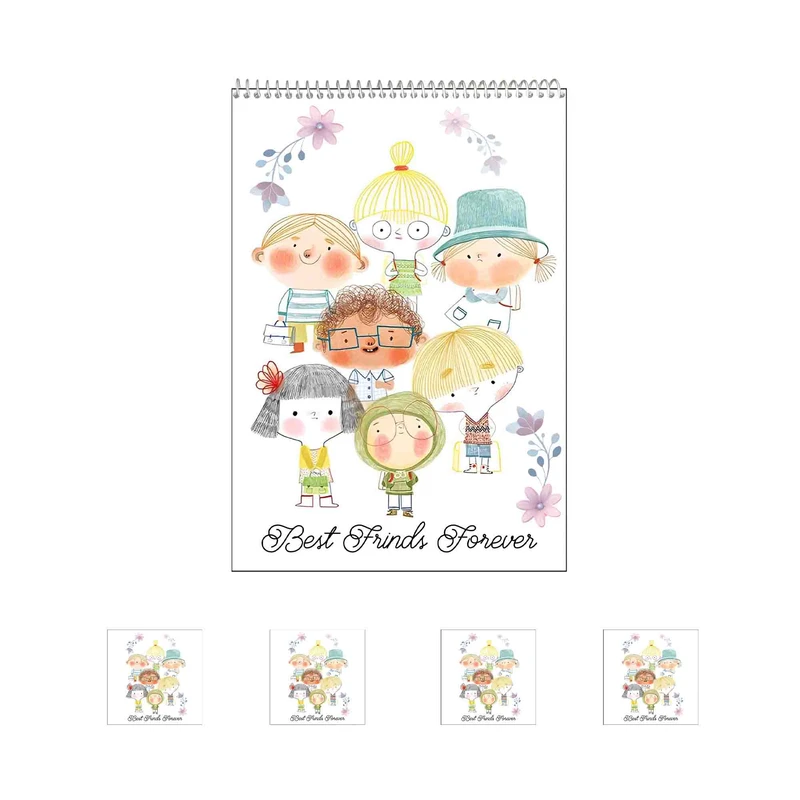 دفتر نقاشی 50 برگ مدل دوستان همیشگی کیوت کد A1 به همراه برچسب مجموعه 5 عددی