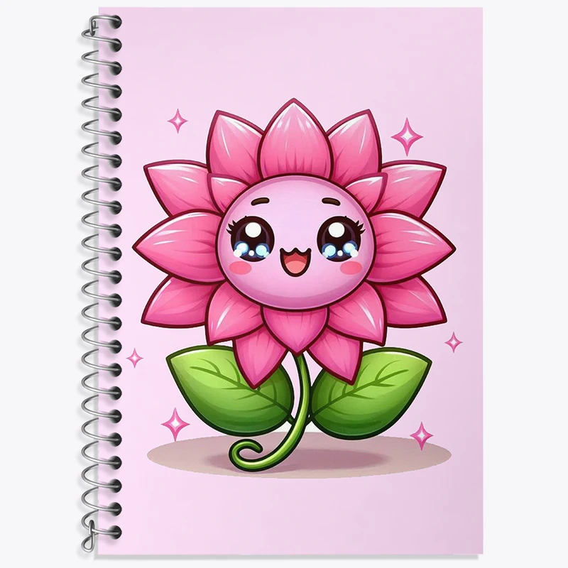 دفتر زبان 50 برگ خندالو مدل دو خط طرح گل صورتی کیوت کد N2589