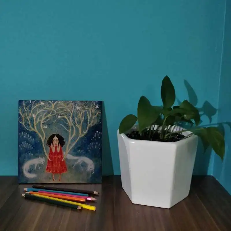 کاشی طرح نقاشی دختر و دو روباه مدل لوحی BDT162