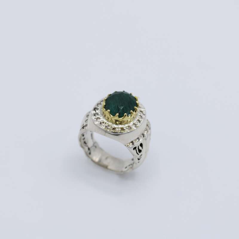 انگشتر نقره مردانه مدل سنگ زمرد و برلیان کد 102