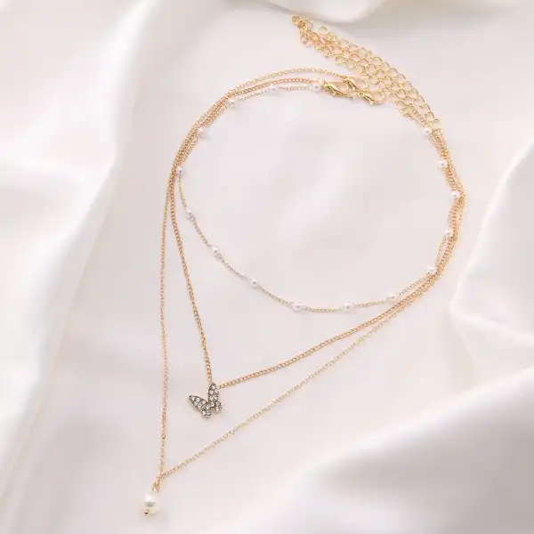 گردنبند زنانه مدل پروانه و مروارید مجموعه 3 عددی