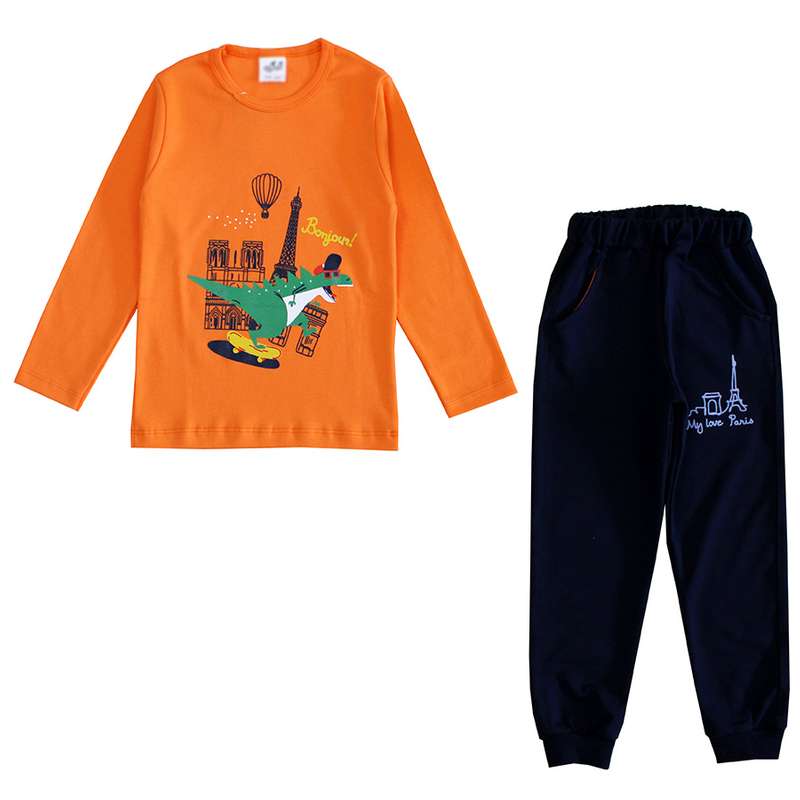 ست تی شرت و شلوار پسرانه مدل دایناسور رنگ نارنجی
