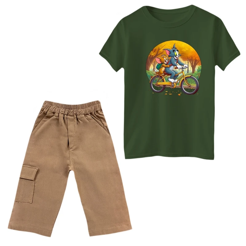 ست تی‌شرت و شلوارک پسرانه مدل تام و جری دوچرخه