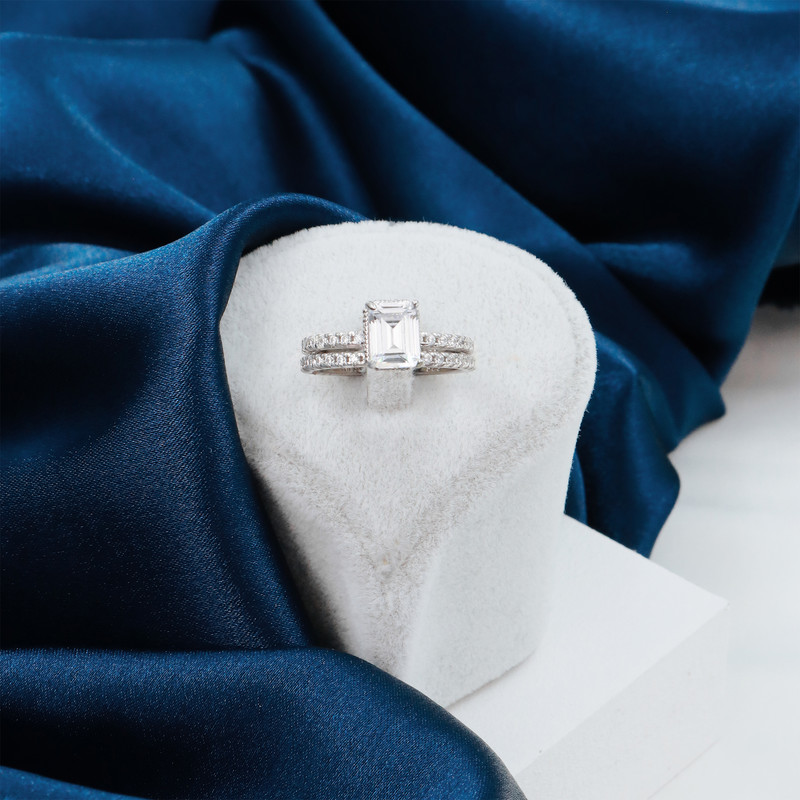 انگشتر نقره زنانه جی تی ای مدل تک نگین مجموعه 2 عددی