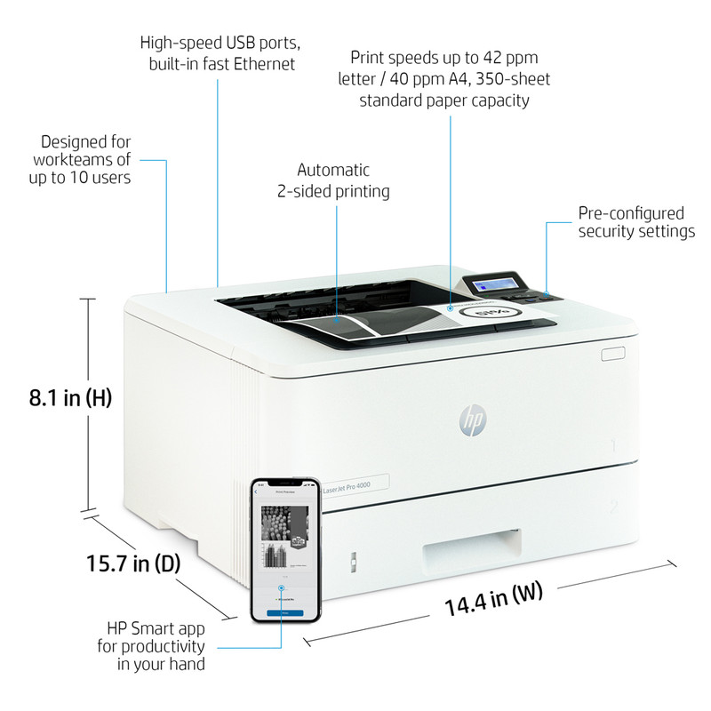 پرینتر لیزری تک کاره تک رنگ اچ پی مدل LaserJet Pro 4001dn با اتصال باسیم سایز چاپ A4